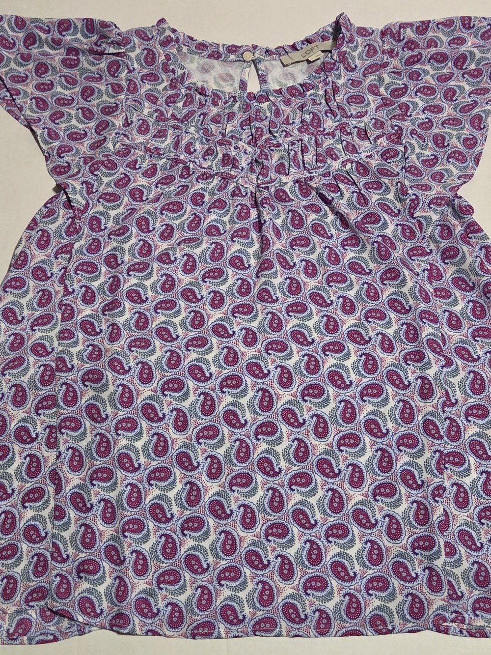 LOFT Paisley Flutter Sleeve Blouse Ruffle Smocked Neck